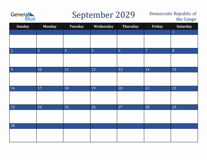September 2029 Democratic Republic of the Congo Calendar (Sunday Start)