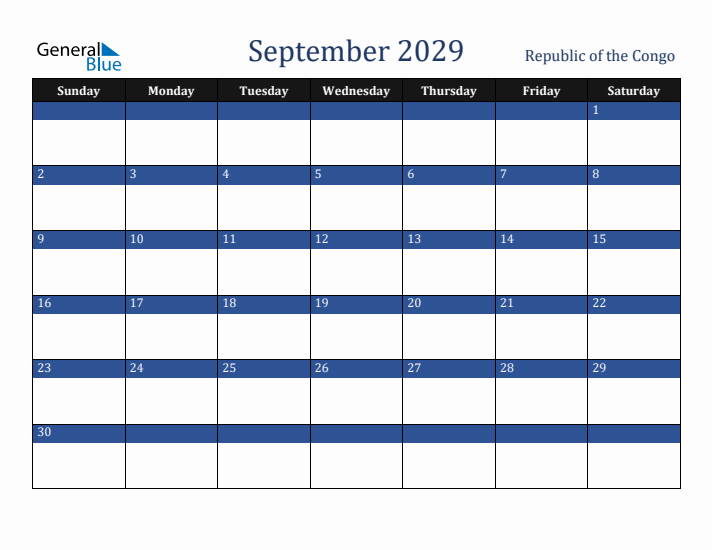 September 2029 Republic of the Congo Calendar (Sunday Start)