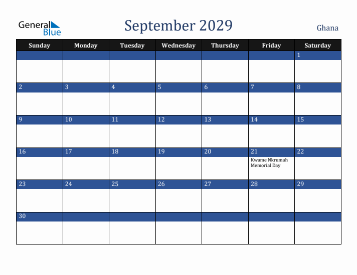 September 2029 Ghana Calendar (Sunday Start)