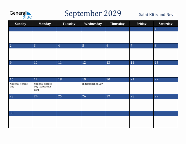 September 2029 Saint Kitts and Nevis Calendar (Sunday Start)