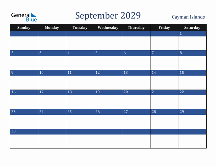 September 2029 Cayman Islands Calendar (Sunday Start)