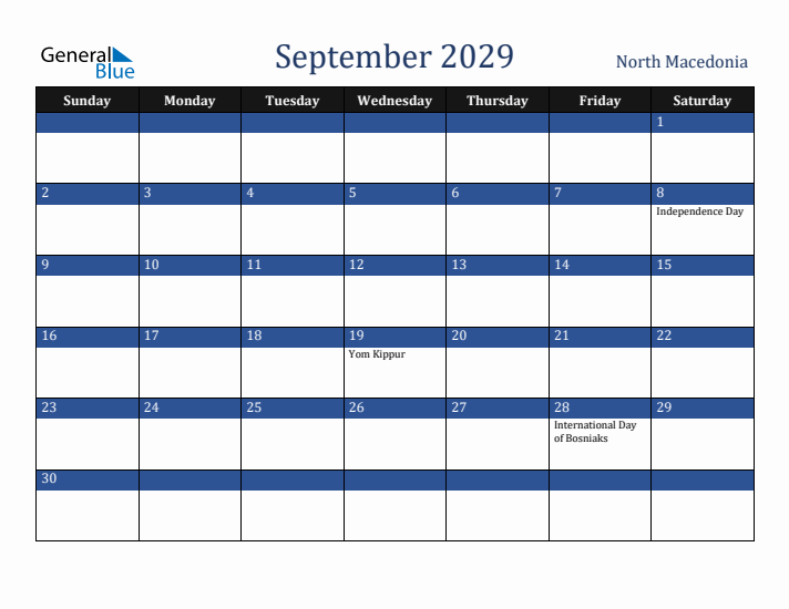 September 2029 North Macedonia Calendar (Sunday Start)