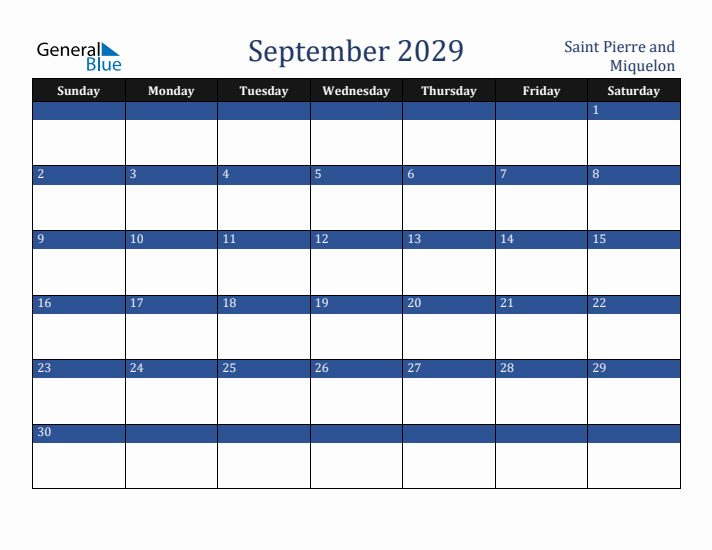 September 2029 Saint Pierre and Miquelon Calendar (Sunday Start)