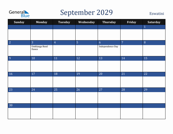 September 2029 Eswatini Calendar (Sunday Start)