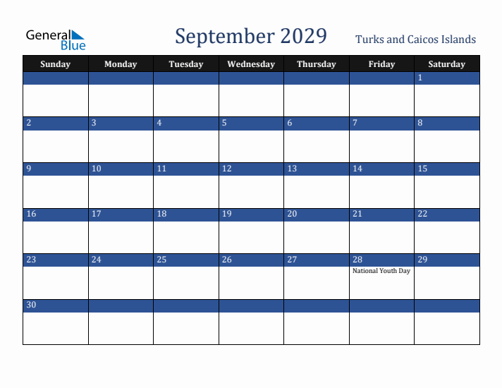 September 2029 Turks and Caicos Islands Calendar (Sunday Start)