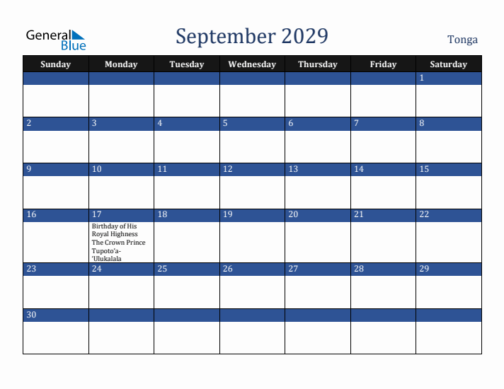 September 2029 Tonga Calendar (Sunday Start)