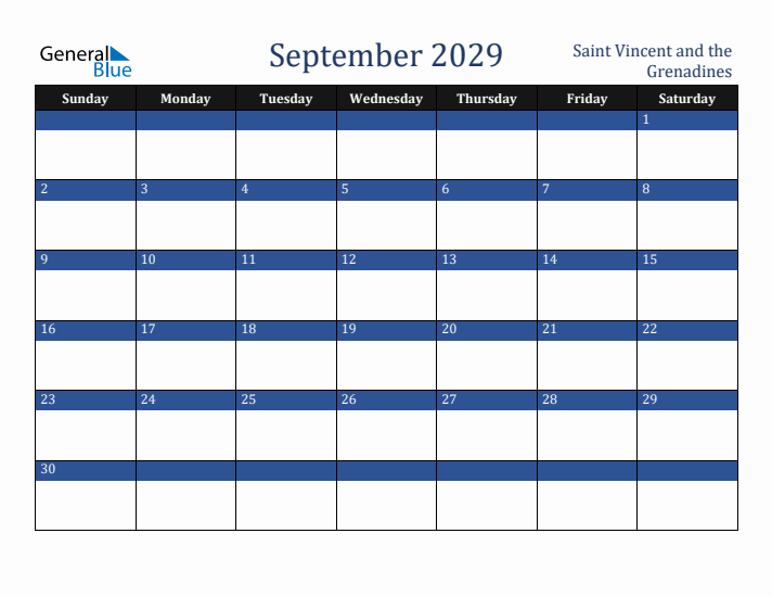 September 2029 Saint Vincent and the Grenadines Calendar (Sunday Start)