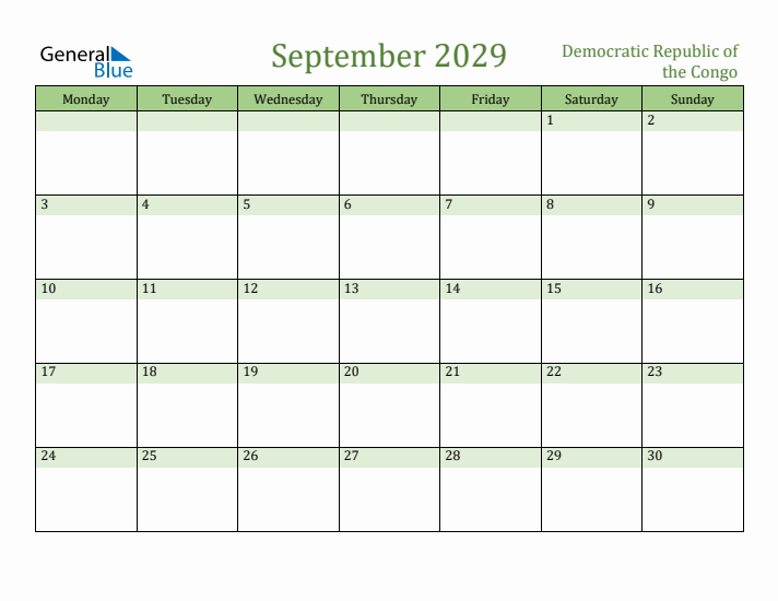 September 2029 Calendar with Democratic Republic of the Congo Holidays