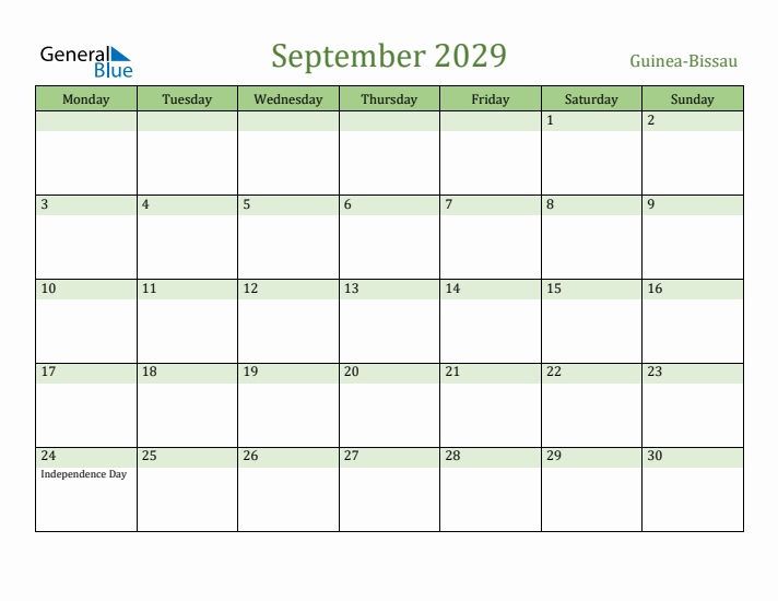 September 2029 Calendar with Guinea-Bissau Holidays