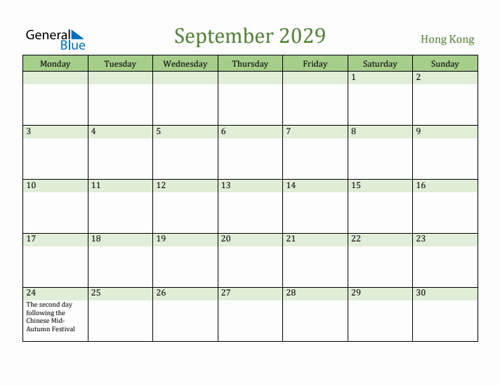September 2029 Calendar with Hong Kong Holidays