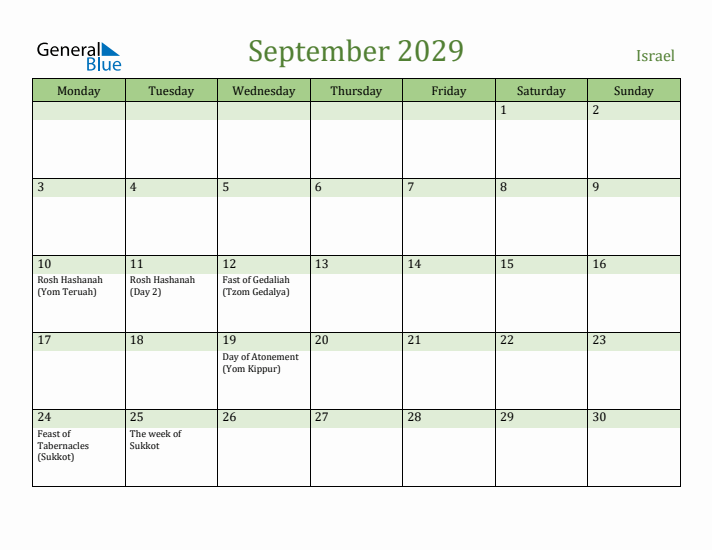 September 2029 Calendar with Israel Holidays