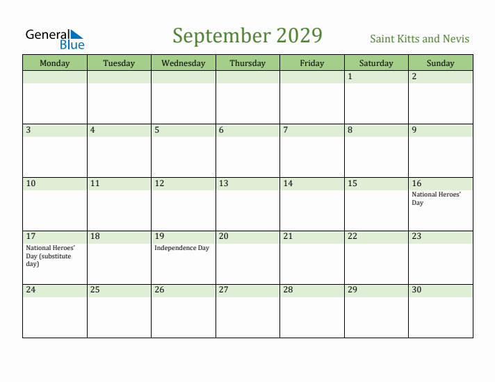 September 2029 Calendar with Saint Kitts and Nevis Holidays