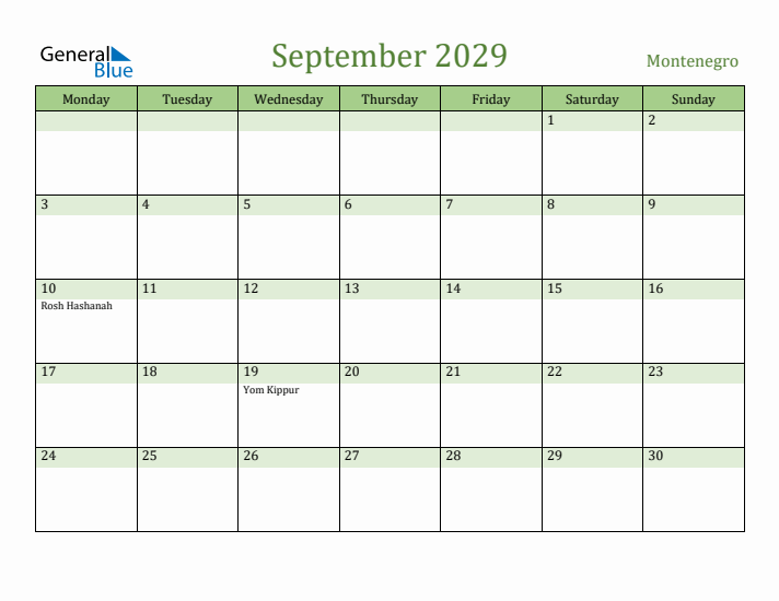 September 2029 Calendar with Montenegro Holidays