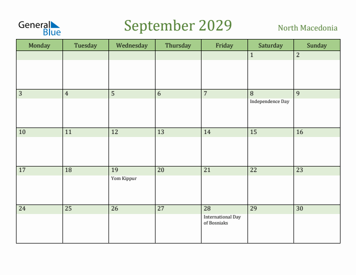 September 2029 Calendar with North Macedonia Holidays
