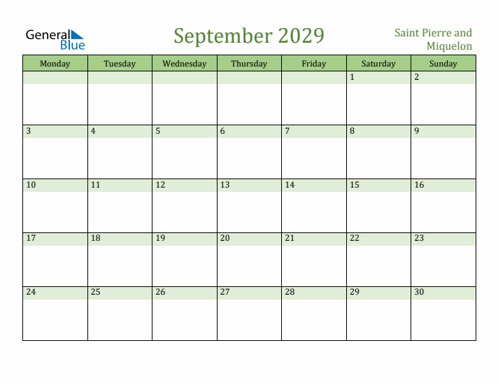 September 2029 Calendar with Saint Pierre and Miquelon Holidays