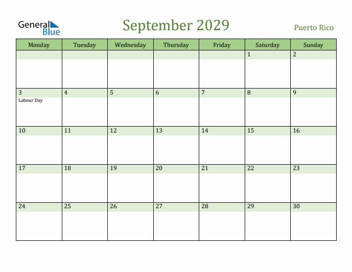 September 2029 Calendar with Puerto Rico Holidays