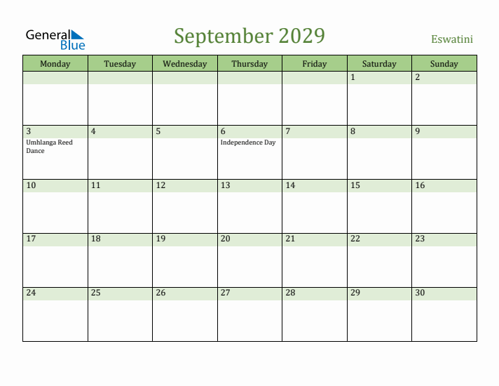 September 2029 Calendar with Eswatini Holidays