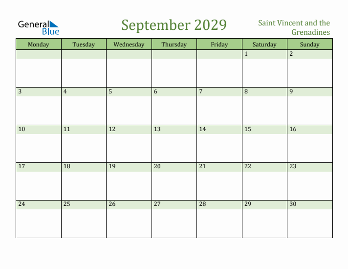 September 2029 Calendar with Saint Vincent and the Grenadines Holidays