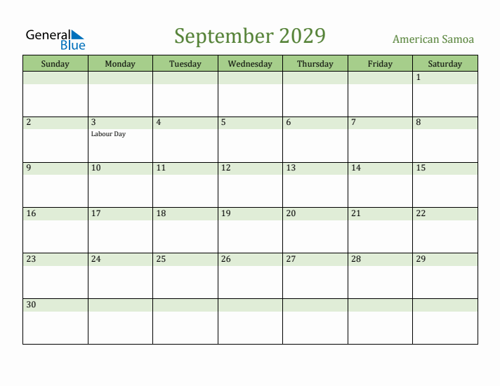 September 2029 Calendar with American Samoa Holidays