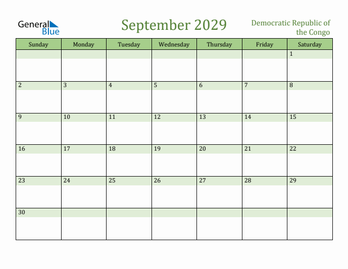 September 2029 Calendar with Democratic Republic of the Congo Holidays