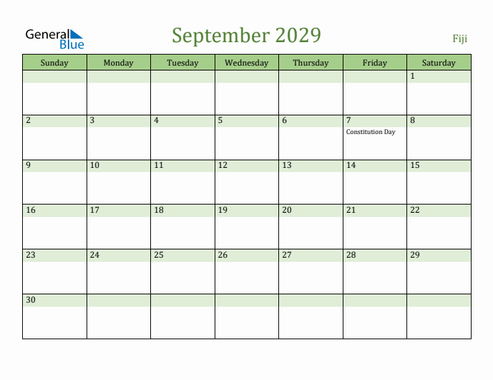 September 2029 Calendar with Fiji Holidays