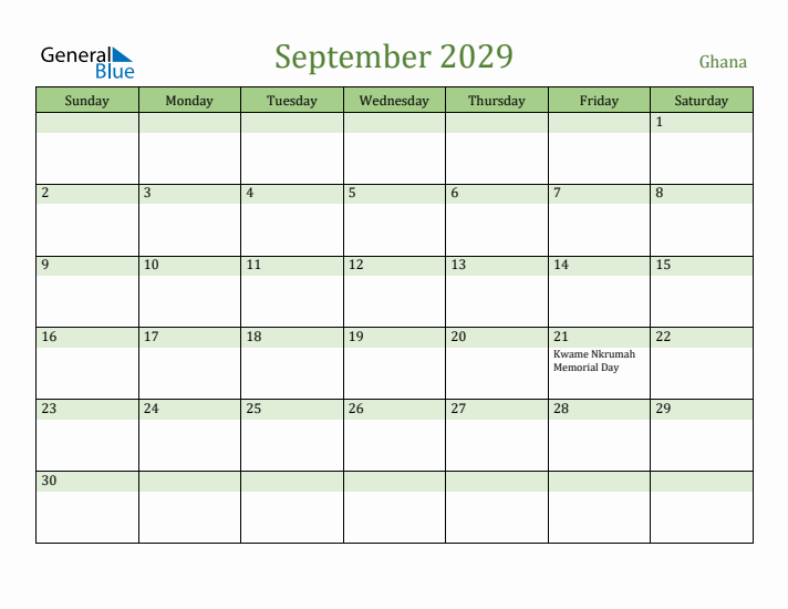 September 2029 Calendar with Ghana Holidays
