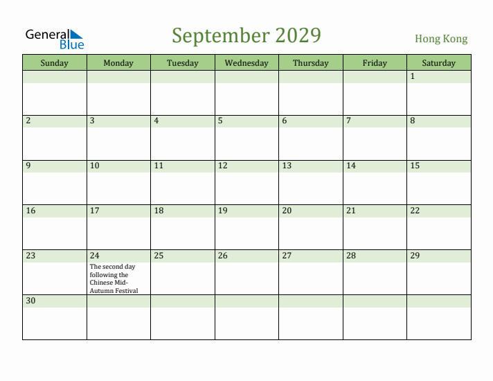 September 2029 Calendar with Hong Kong Holidays