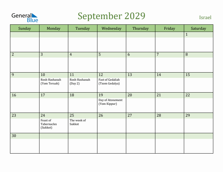 September 2029 Calendar with Israel Holidays