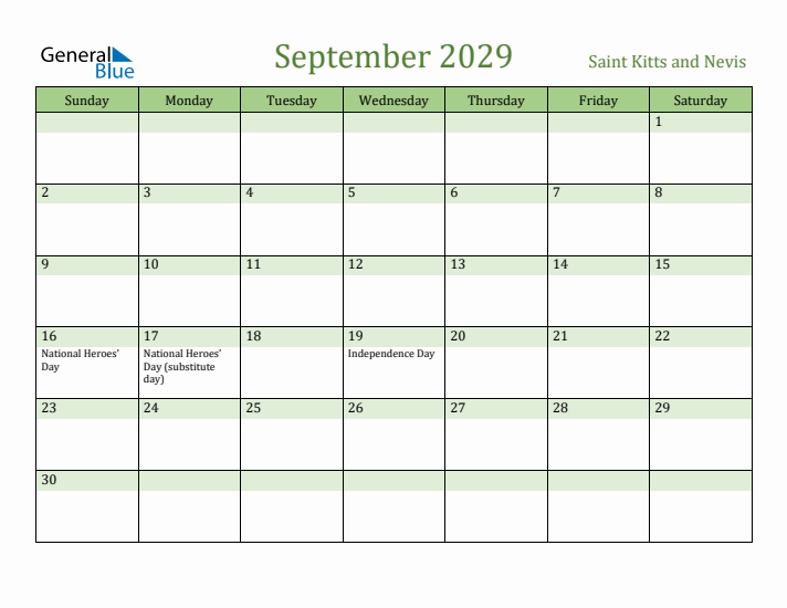 September 2029 Calendar with Saint Kitts and Nevis Holidays