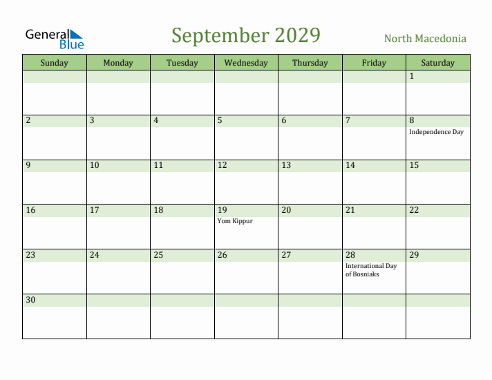 September 2029 Calendar with North Macedonia Holidays