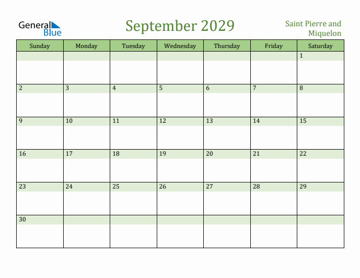 September 2029 Calendar with Saint Pierre and Miquelon Holidays