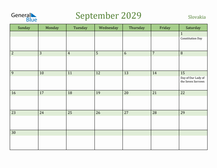 September 2029 Calendar with Slovakia Holidays