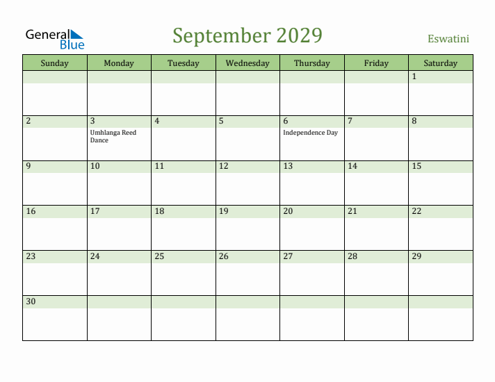 September 2029 Calendar with Eswatini Holidays