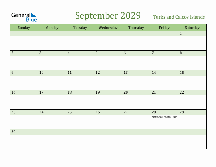 September 2029 Calendar with Turks and Caicos Islands Holidays