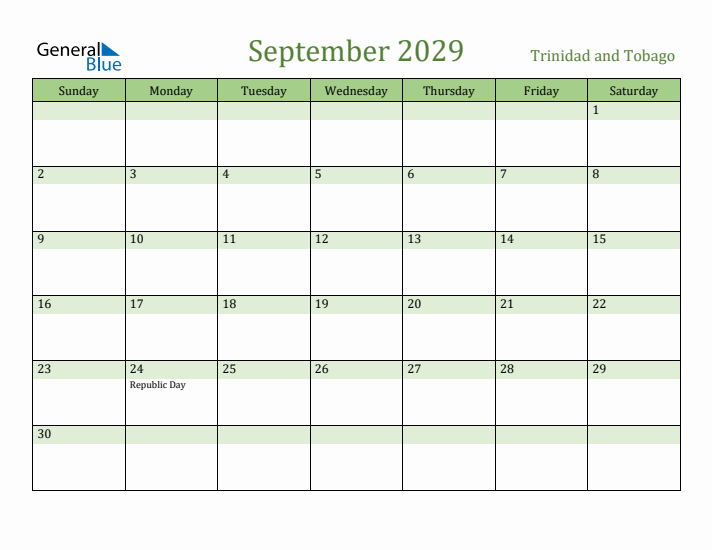 September 2029 Calendar with Trinidad and Tobago Holidays