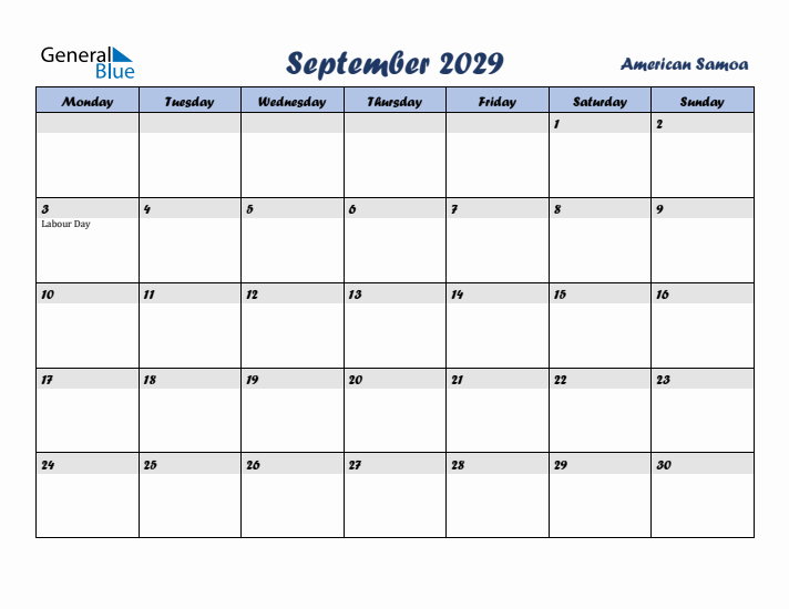 September 2029 Calendar with Holidays in American Samoa