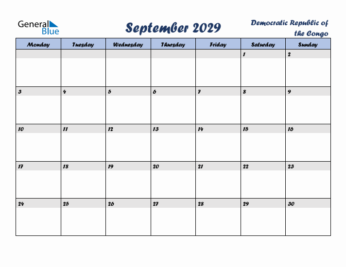 September 2029 Calendar with Holidays in Democratic Republic of the Congo