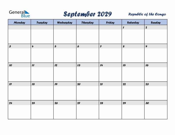 September 2029 Calendar with Holidays in Republic of the Congo
