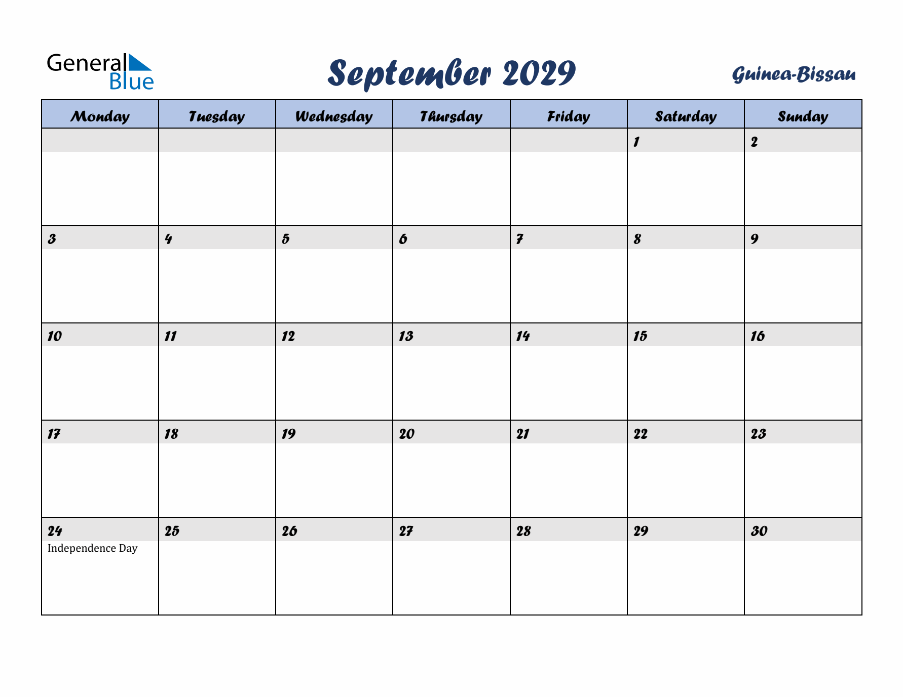 September 2029 Calendar with Holidays in Guinea-Bissau