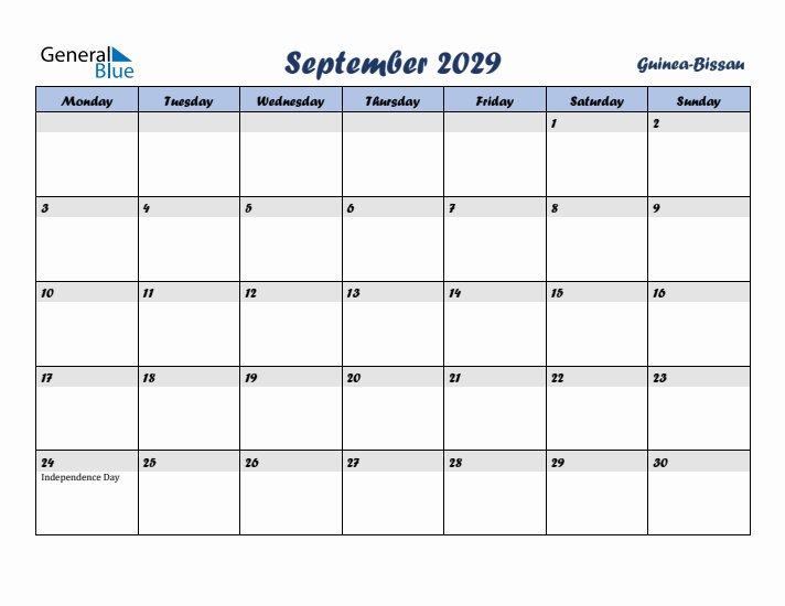 September 2029 Calendar with Holidays in Guinea-Bissau