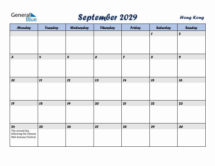 September 2029 Calendar with Holidays in Hong Kong