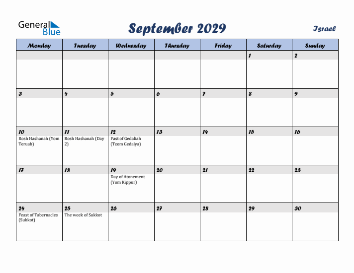 September 2029 Calendar with Holidays in Israel