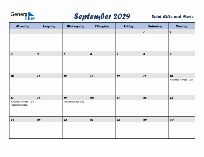 September 2029 Calendar with Holidays in Saint Kitts and Nevis