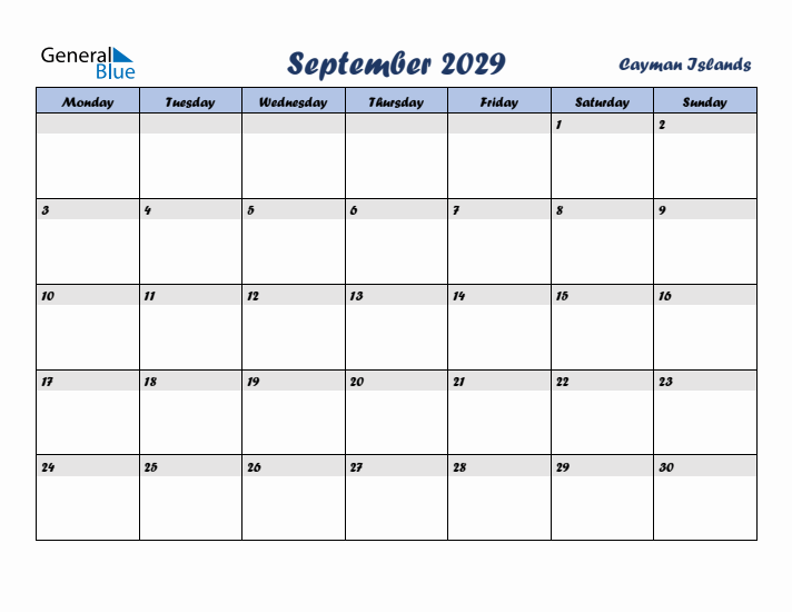 September 2029 Calendar with Holidays in Cayman Islands