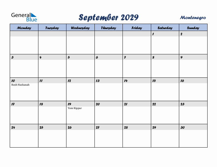 September 2029 Calendar with Holidays in Montenegro
