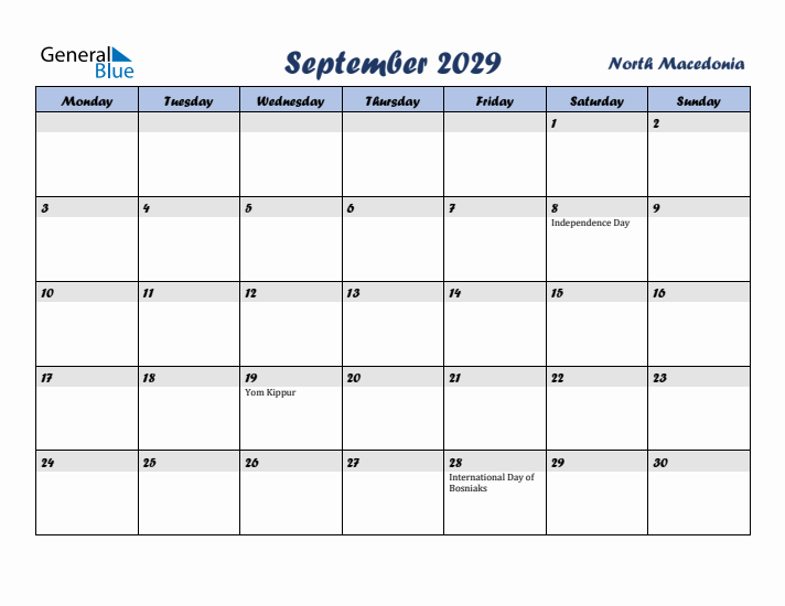 September 2029 Calendar with Holidays in North Macedonia