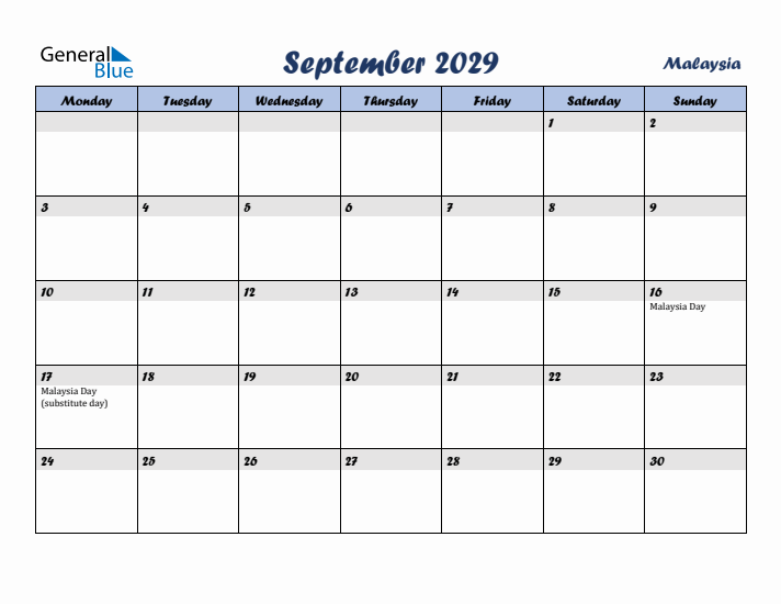 September 2029 Calendar with Holidays in Malaysia