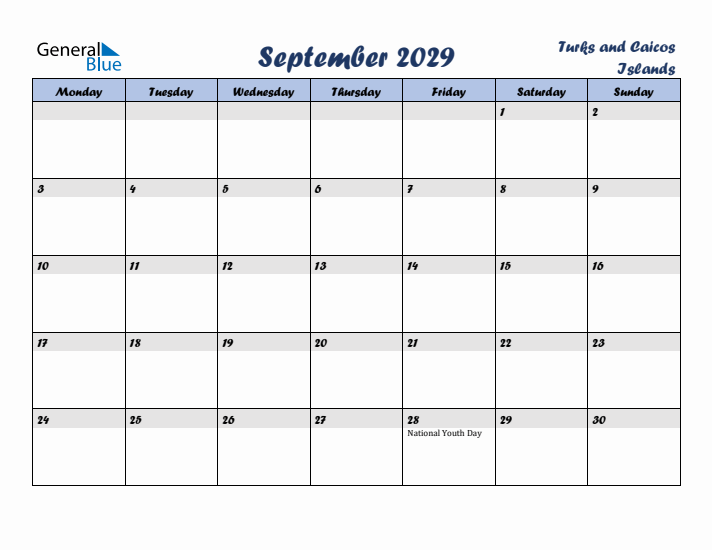 September 2029 Calendar with Holidays in Turks and Caicos Islands