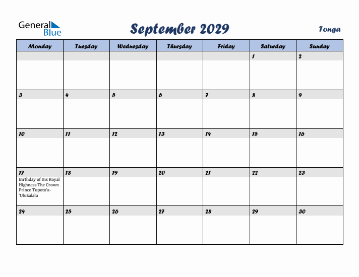 September 2029 Calendar with Holidays in Tonga