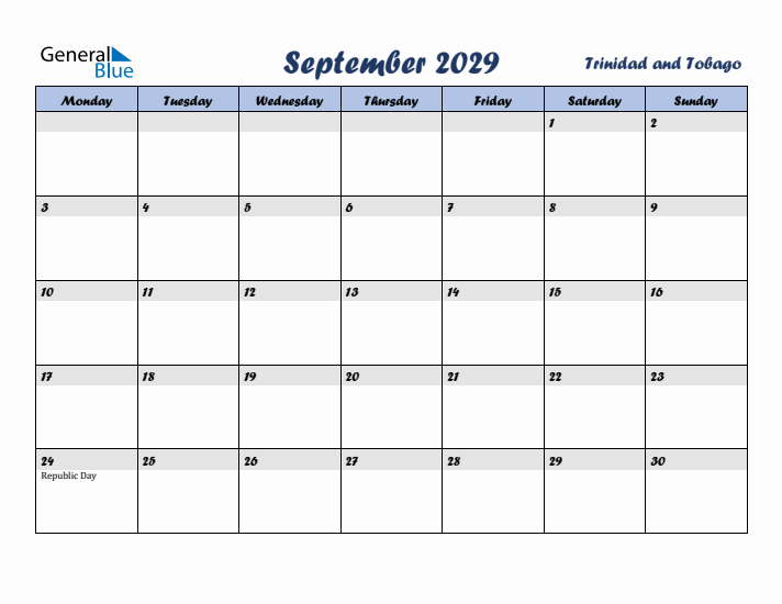 September 2029 Calendar with Holidays in Trinidad and Tobago